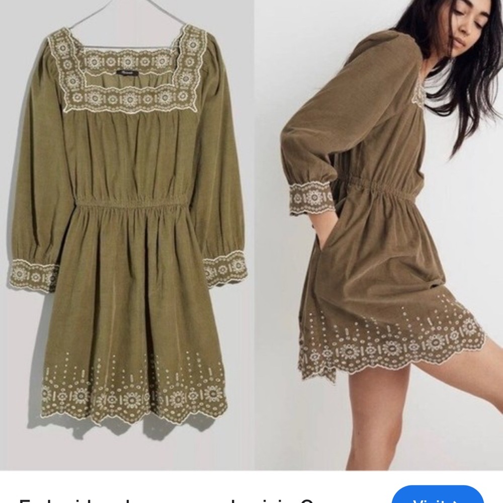 Madewell Green Long Sleeve Sundress with Square Neck